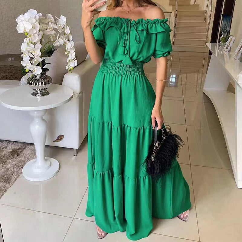 Damen Maxikleid Schulterfrei Rüschenkleid Sommer