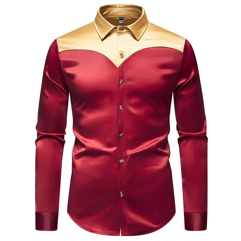 Elegantes Herren Hemd Langarm Glänzend Kontrastkragen Modern