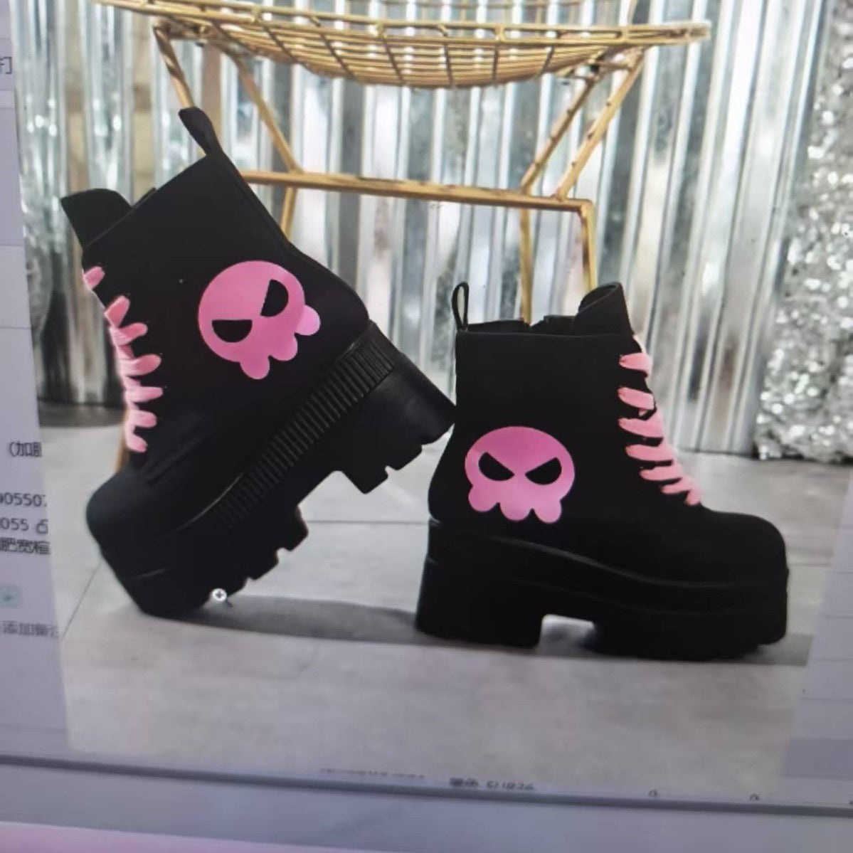 Damen Stiefel Combat Boots Totenkopf Design Schwarz