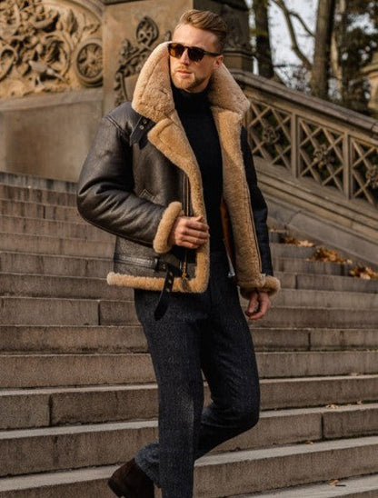 Lederjacke Herren Robust Lederjacke mit Plüschkragen Warm