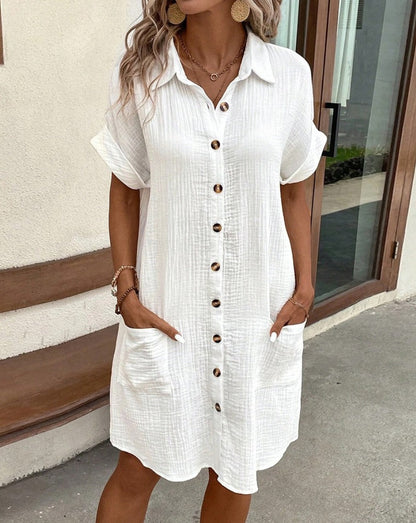Kleid Damen Hemd mit Knöpfen und Taschen Elegant