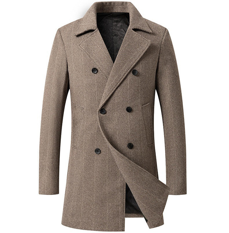 Herren Mantel Doppelreiher Herringbone Muster Elegent Schwarz