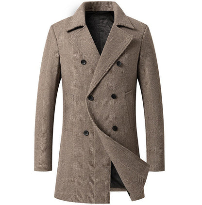 Herren Mantel Doppelreiher Herringbone Muster Elegent Schwarz