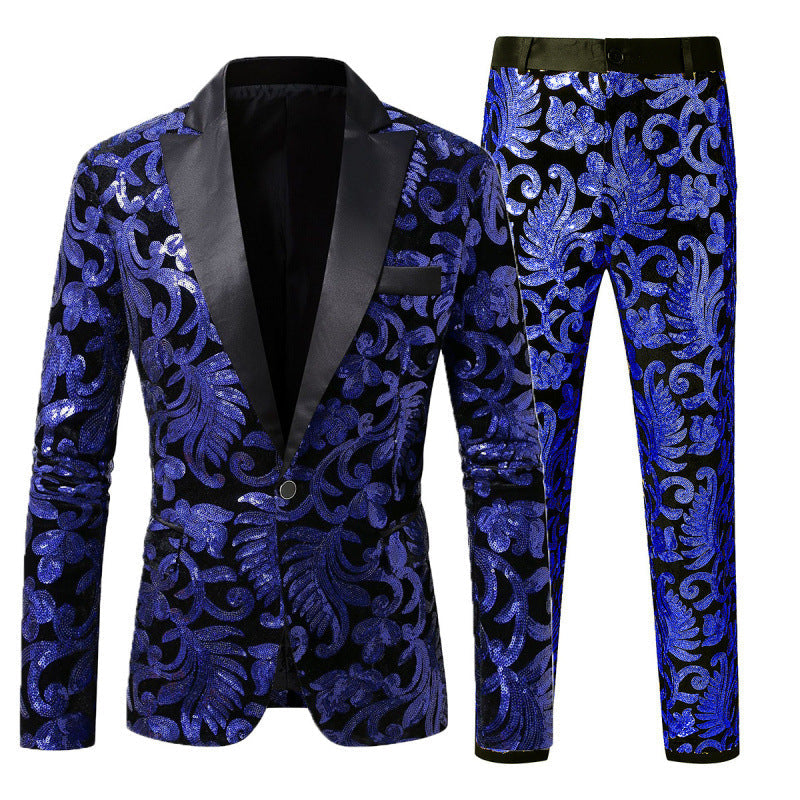 Eleganter Herren Smokingsanzug mit Pailletten und Blumenmuster