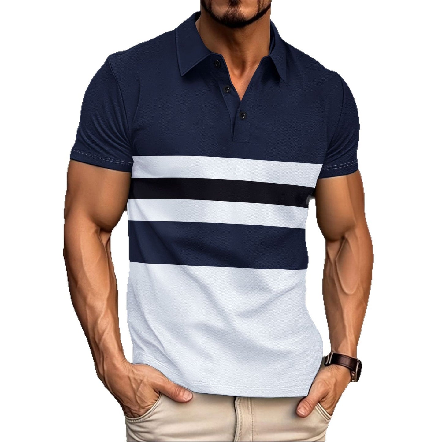 Herren Poloshirt Streifenoptik Atmungsaktiv Marineblaue Farbe