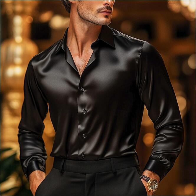 Herren Seidenhemd Langarm Elegant Tailliert Glänzend