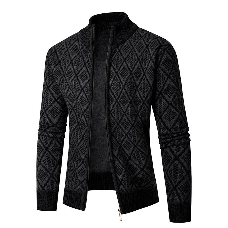 Herren Strickjacke Rautenmuster Hochkragen Modern