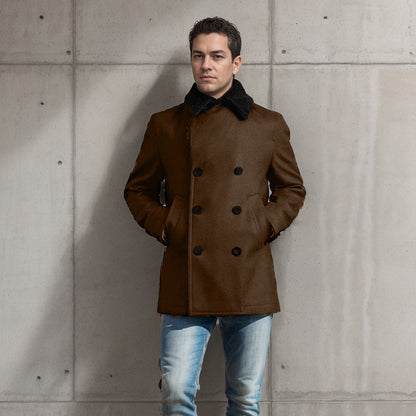 Herren Wollmantel Doppelreihen Teddyfellkragen Modern