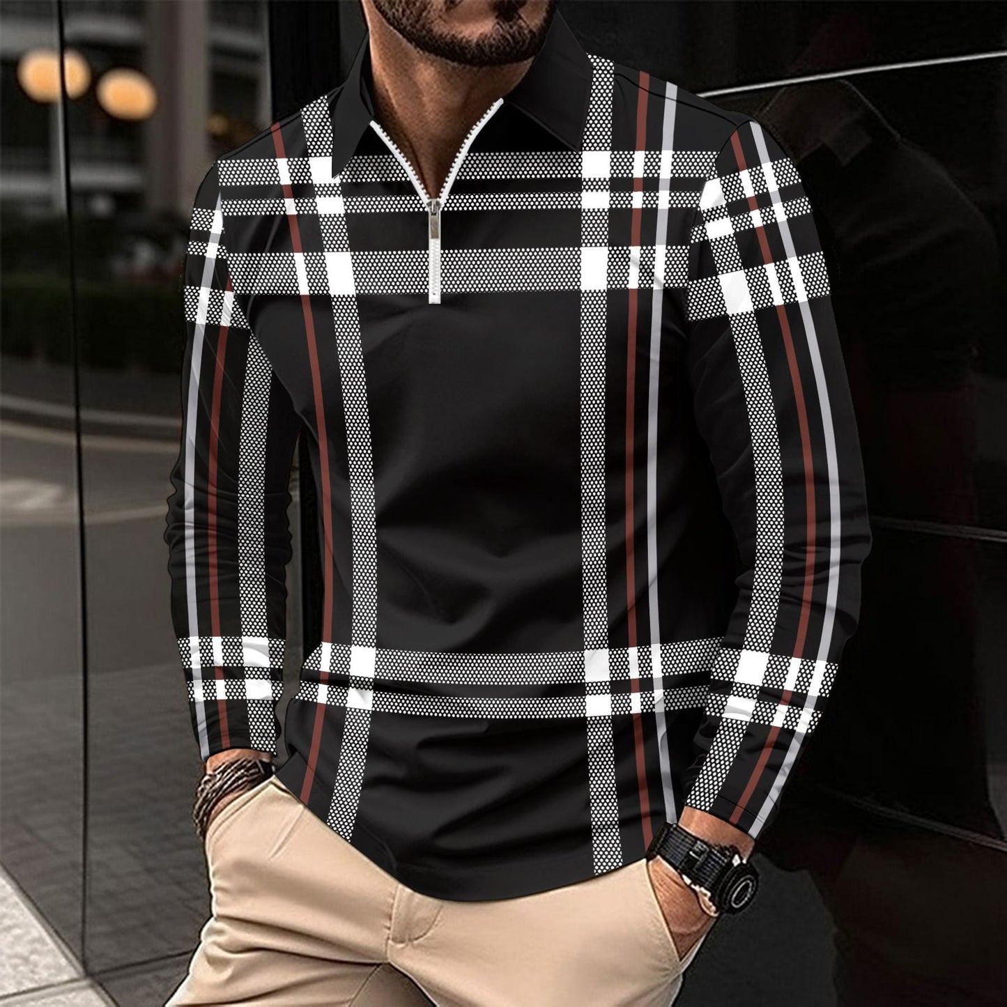 Herren Langarmshirt Karomuster Modern Reißverschluss