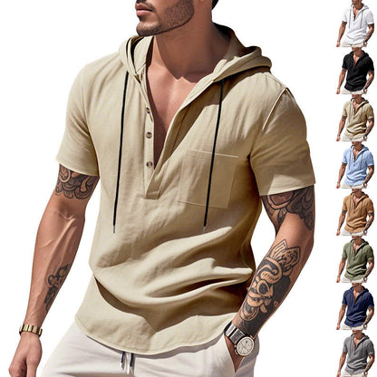 Herren Hoodie Kurzarm Hemd Kapuze Knopfleiste Trendig - BerlinGlamour