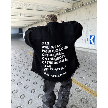 Herren Denimjacke Oversize mit Fransen und Grafik-Print Trendy