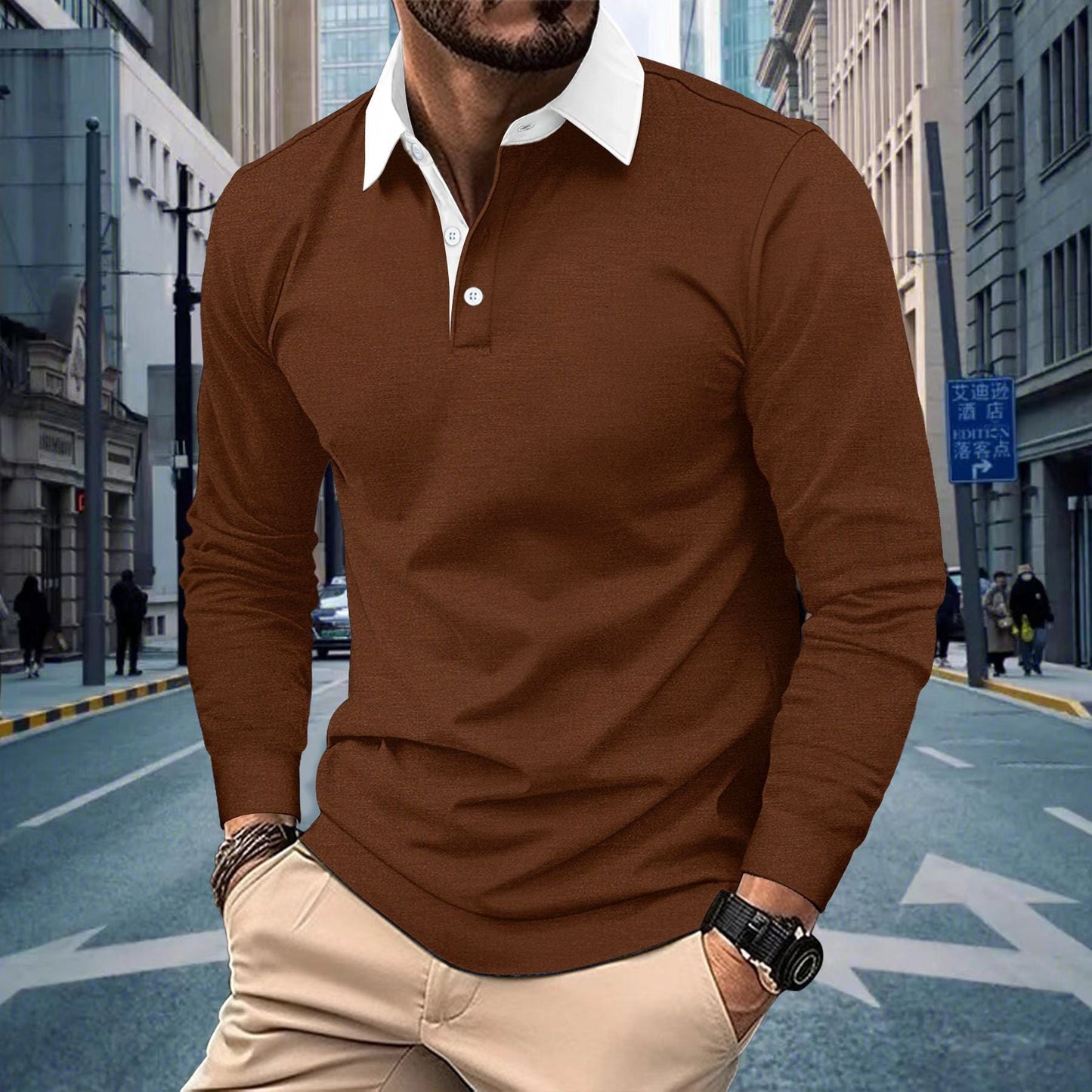Herren Poloshirt Langarm Klassisch Modern Slimfit