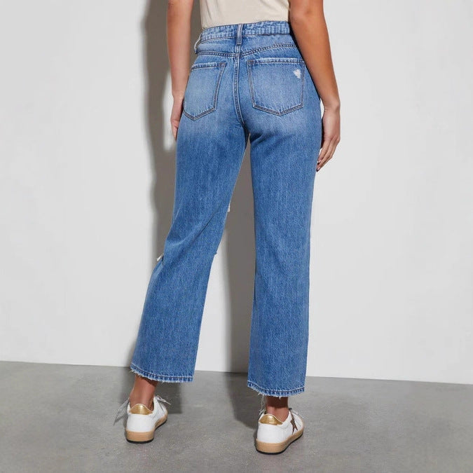 Damen High-Waist Jeans Rissig Ausgefranst Größe 34-42