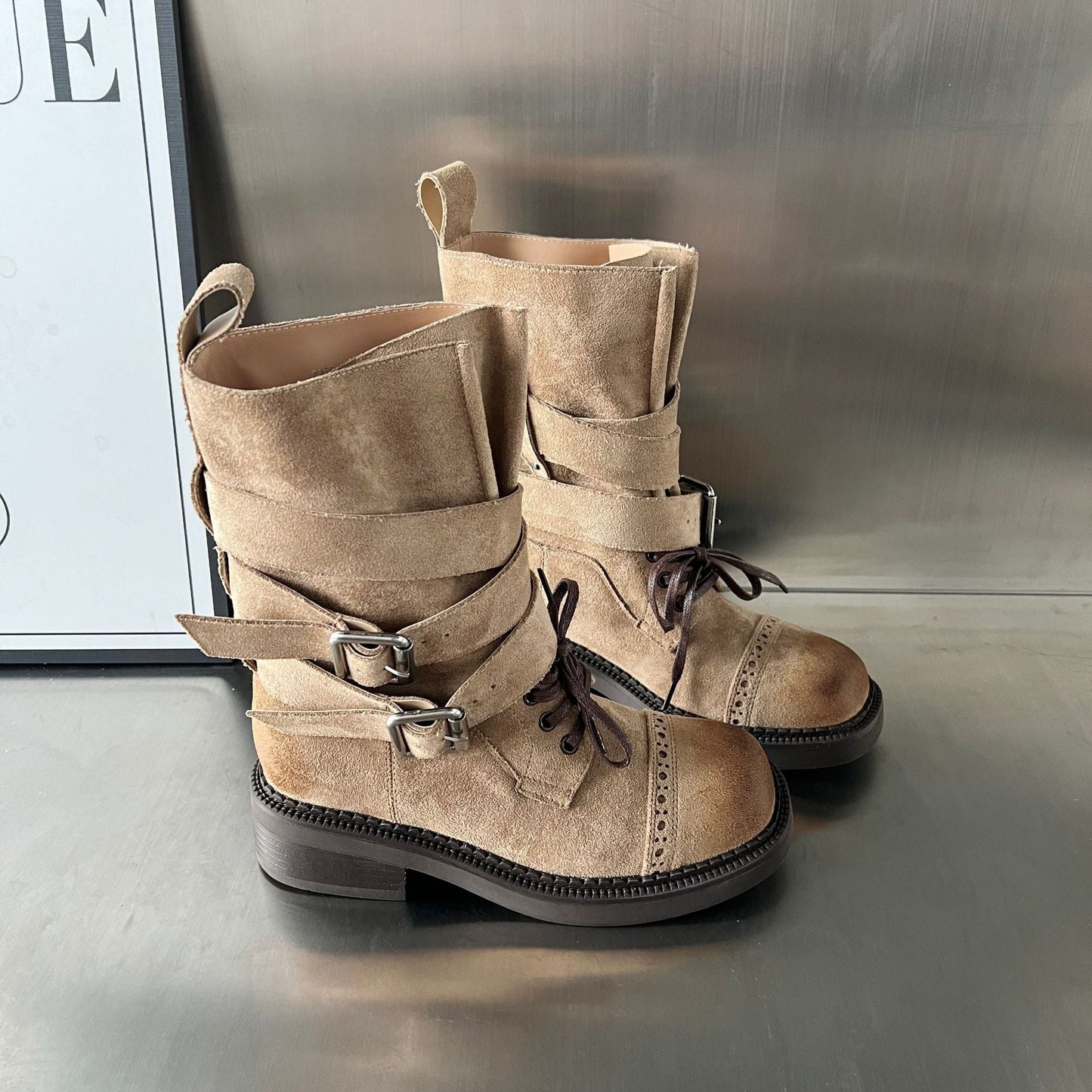 Damen Stiefel Elegante Schnalle Riemen Verstellbar Schwarz