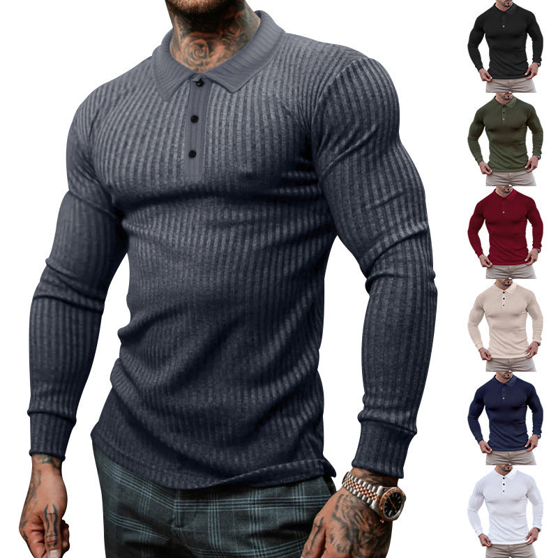 Herren Polohemd Langarm Strukturiert Rippdesign Elegant