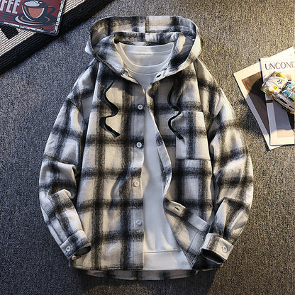 Herren Flanelljacke Kariert Kapuze Knopfverschluss Modern