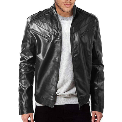Herren Lederjacke Bikerstil Steppdetail Schwarz
