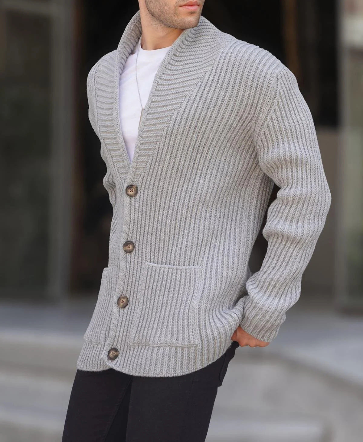 Herren Cardigan Grobgestrickt Breites Rippenmuster Praktisch