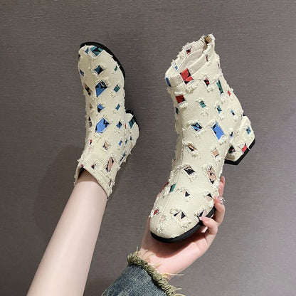 Damen Stiefel Ankle Boots Geometrisch Druck Reißverschluss