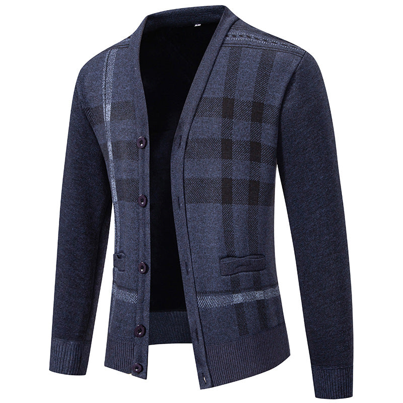Herren Strickjacke Modisch Karomuster Mit Taschen