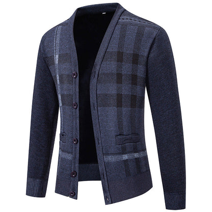 Herren Strickjacke Modisch Karomuster Mit Taschen
