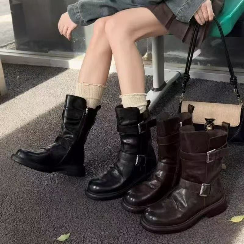 Damen Stiefel Schnürstiefel mit Schnallen Design Robust