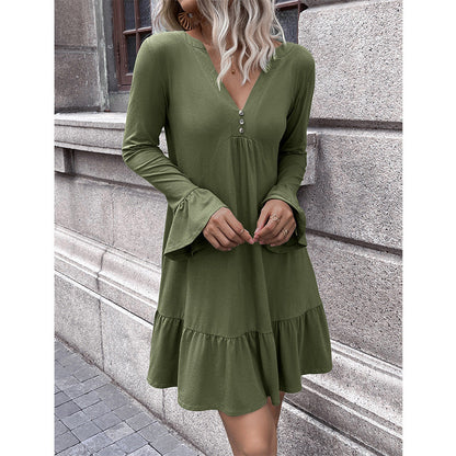 Damenkleid Locker V-Ausschnitt Glockenärmel Elegant