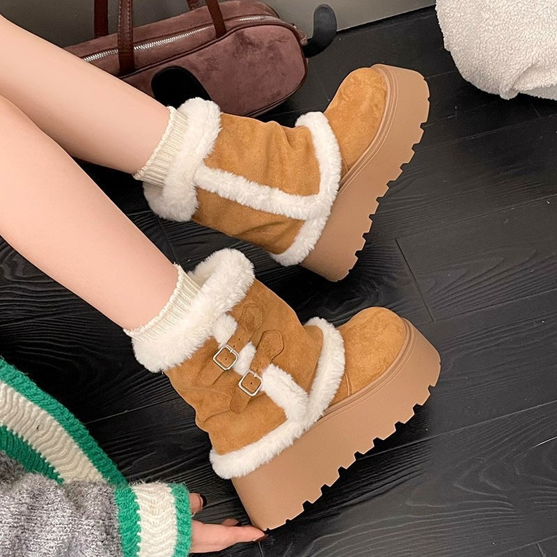 Damen Stiefeletten Flauschig Warm Schnallen Detail