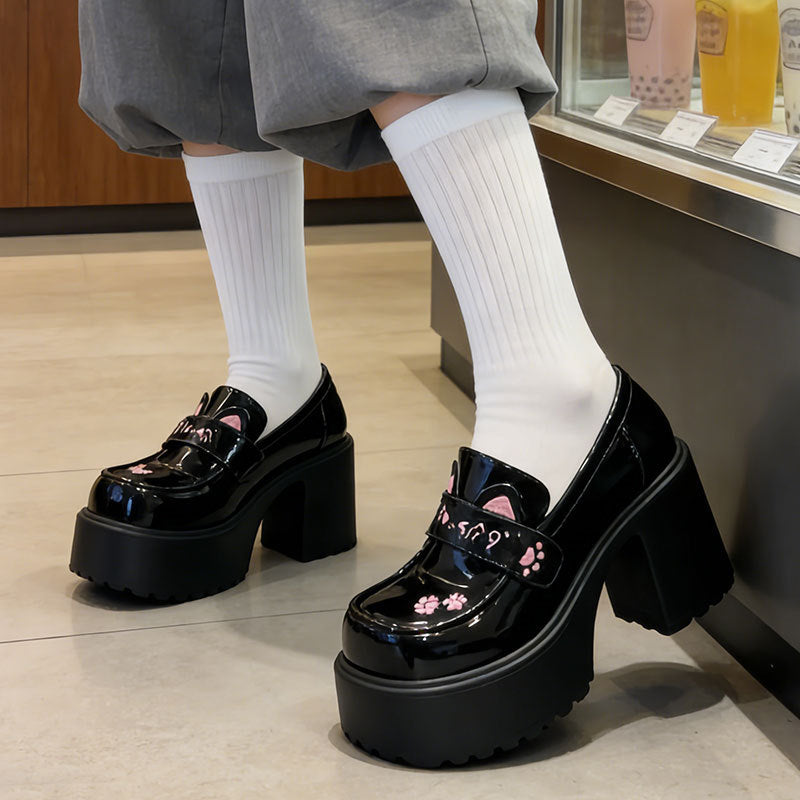 Damen Plattformslipper Katzenmotiv Hoch Hacken