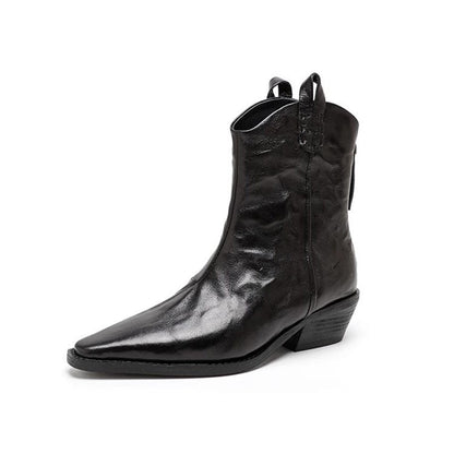 Damen Stiefel Elegante Ankle Boots Leder Schwarz Blockabsatz