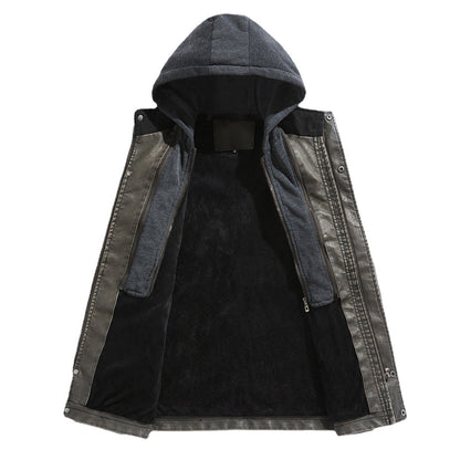 Lederjacke Herren Kunstleder mit Kapuze Schwarz Modern