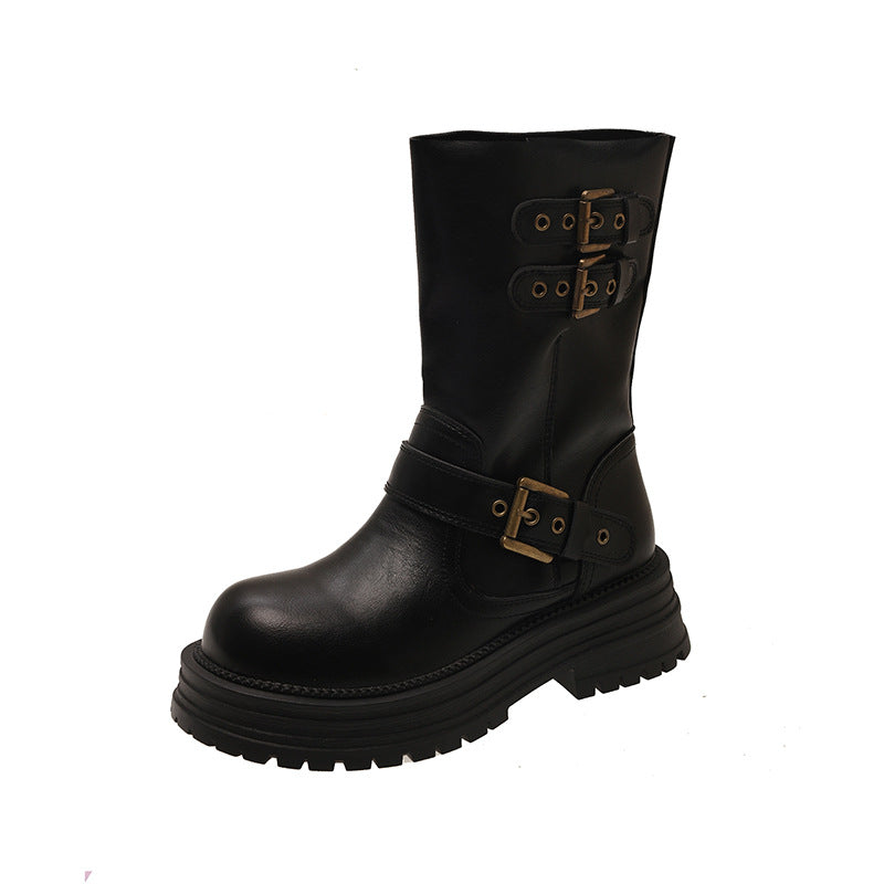 Damen Stiefel Robust Schnürbar mit Metall Schnallen und Stabiler Sohle