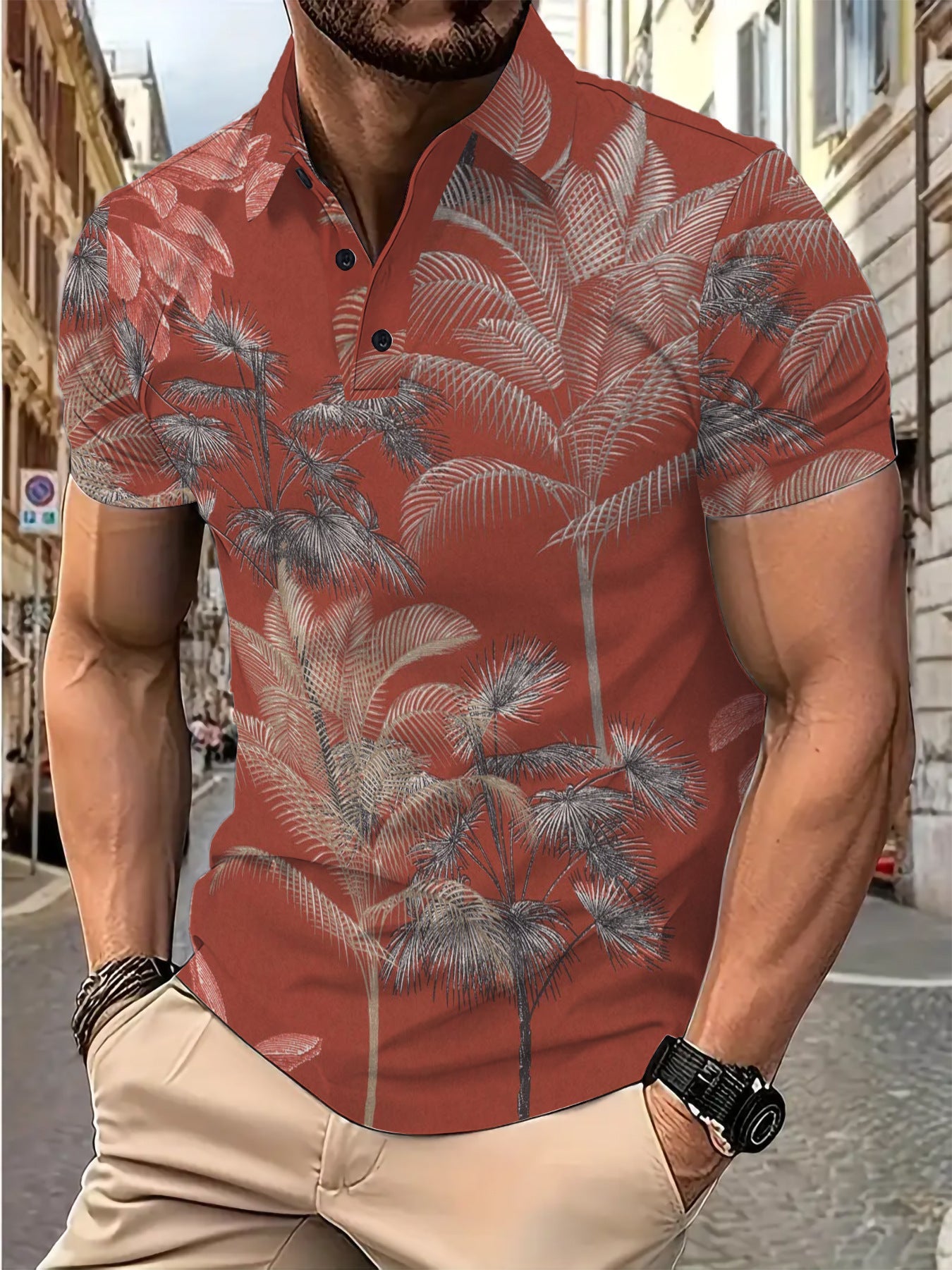 Herren Poloshirt Tropisch Palmendruck Sommer