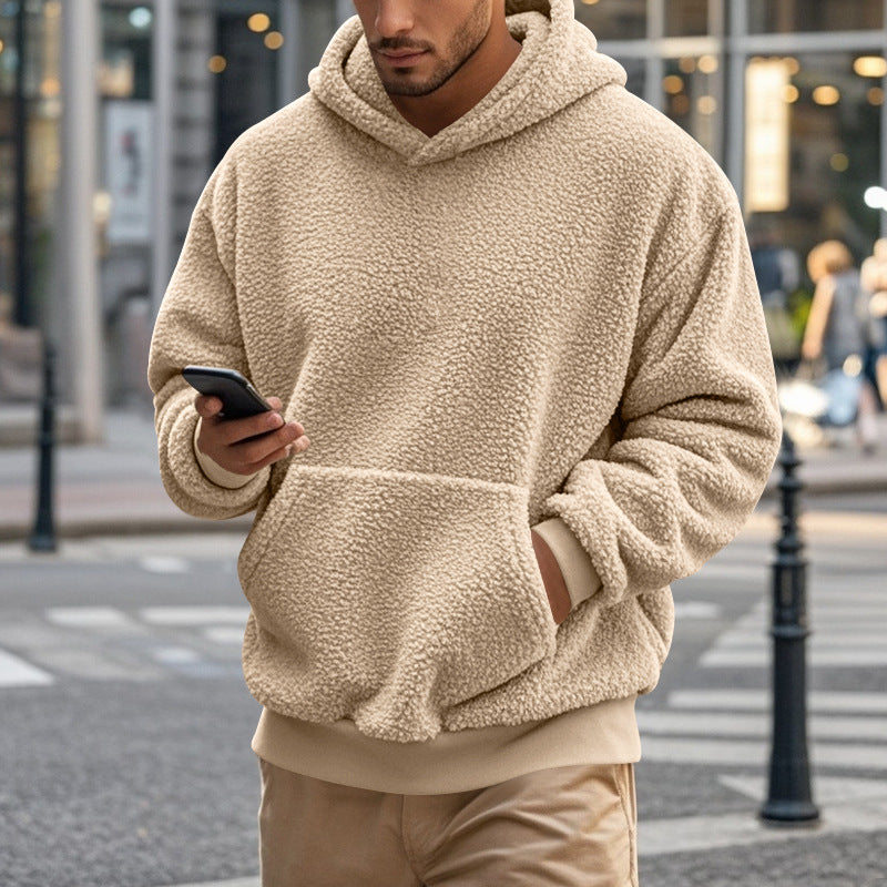 Herren Hoodie Kuschelig Teddy Fleece Kapuze Mit Kängurutasche