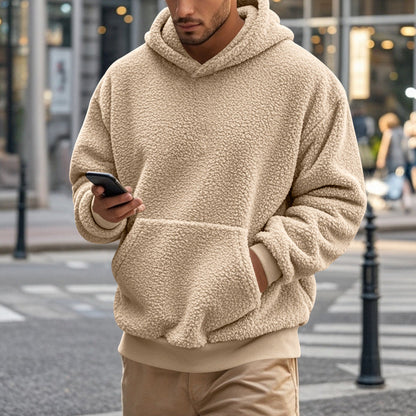 Herren Hoodie Kuschelig Teddy Fleece Kapuze Mit Kängurutasche