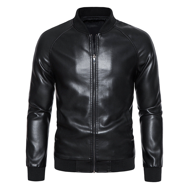 Herren Lederjacke Bikerstil Schwarz Elastisch