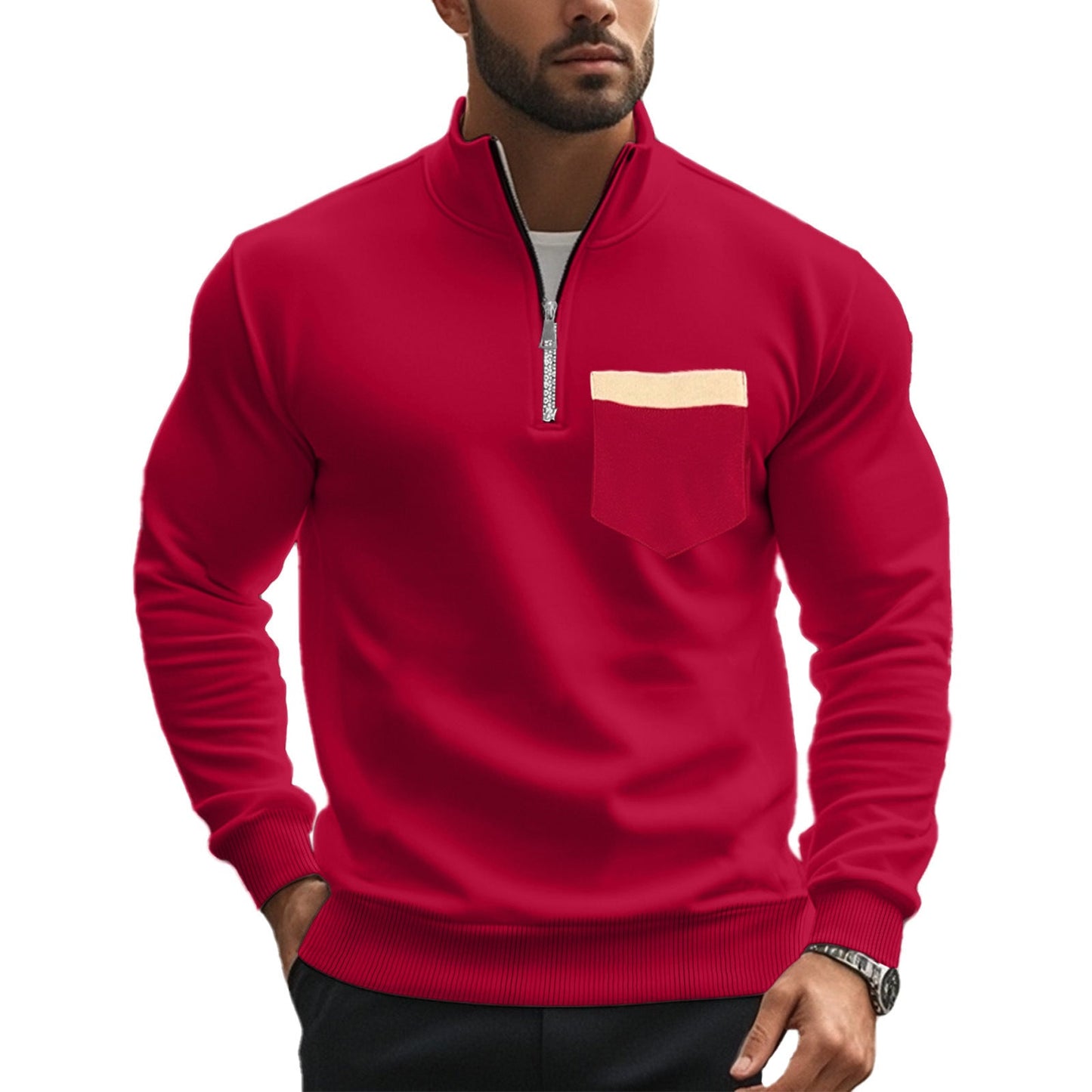 Herren Pullover Sportlich Reißverschluss Brusttasche