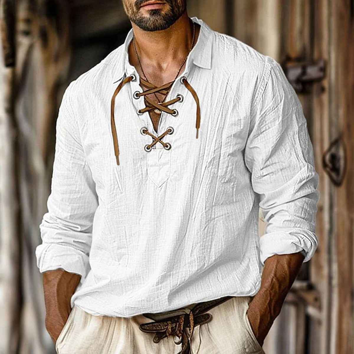 Herren Langarmhemd Elegant mit Schnürung Modern