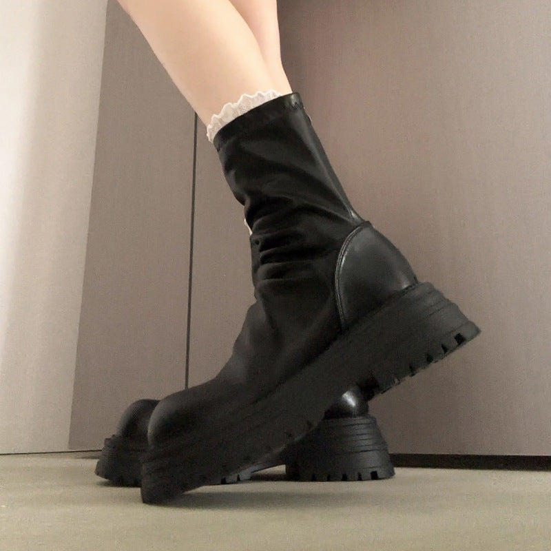 Damen Stiefel Breite Sohle Elegant Falten Design