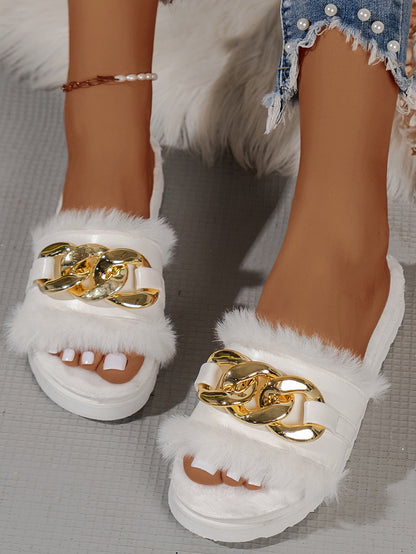 Damen Slides Sandalen Pelzbesatz Glitzerketten Modern