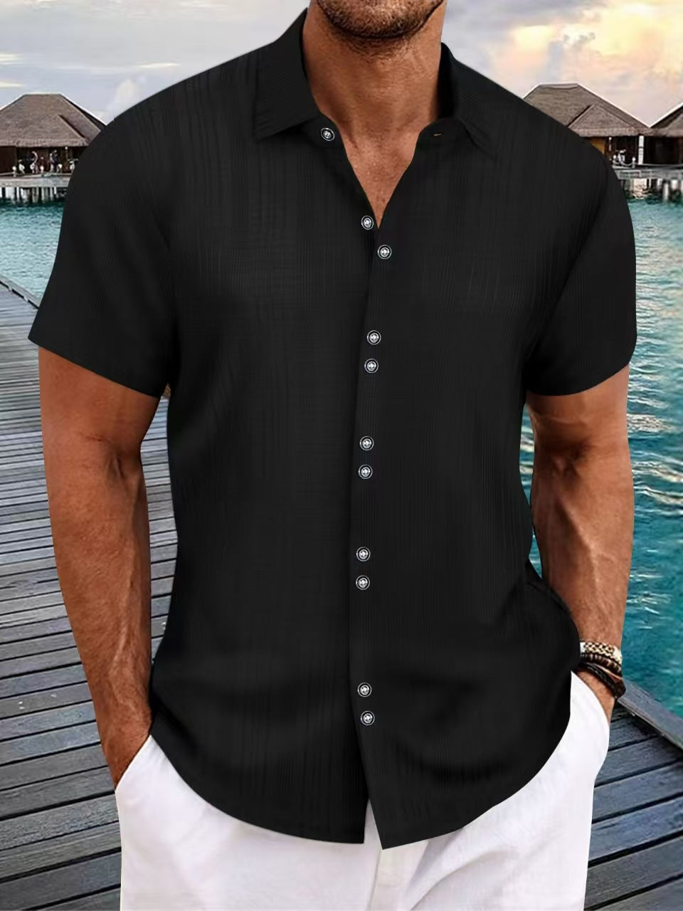 Herren Kurzarmhemd Elegantes Design Knopfleiste Modern