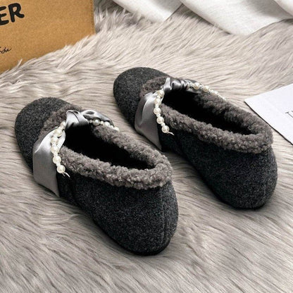 Damen Hausschuhe Filz Weich mit Perlenverzierung Elegante Wintermode