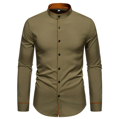 Elegantes Herren Langarmhemd Modern Stehkragen Kontrastnähte