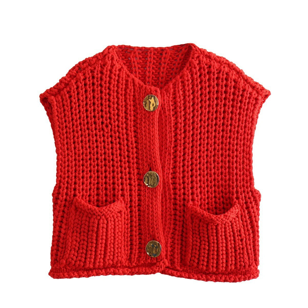 Damen Strickweste Modern mit Knöpfen und Taschen