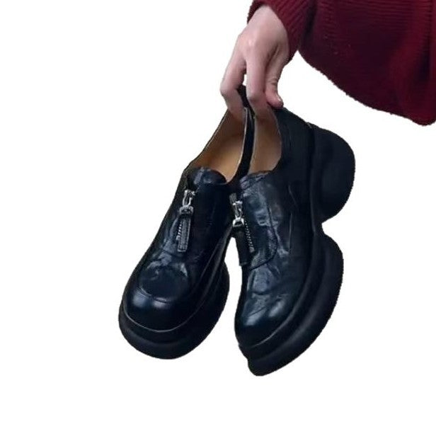 Damen Sneaker Leder Chunky Schuhe Reißverschluss Schwarz