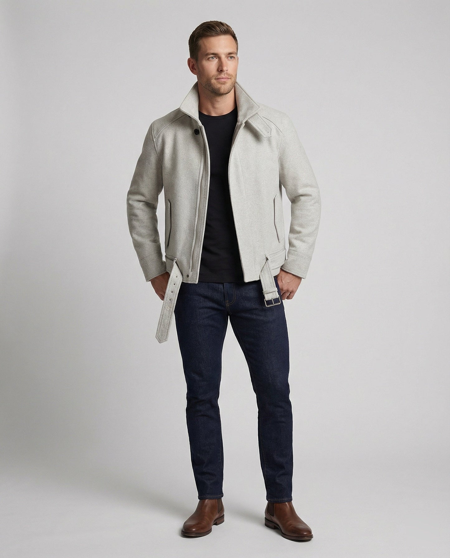 Herren Blouson Kurz Wollmix Stehkragen Taillengürtel