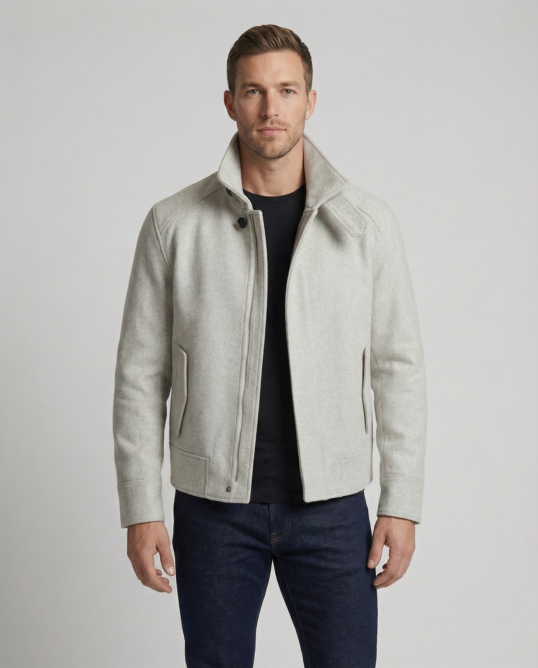 Herren Blouson Kurz Wollmix Stehkragen Taillengürtel - BerlinGlamour