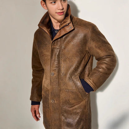 Herren Ledermantel Lang mit Wärmefutter Schwarz Elegant