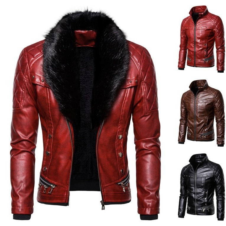 Herren Lederjacke Bikerstil mit Kunstfellkragen Schwarz - BerlinGlamour