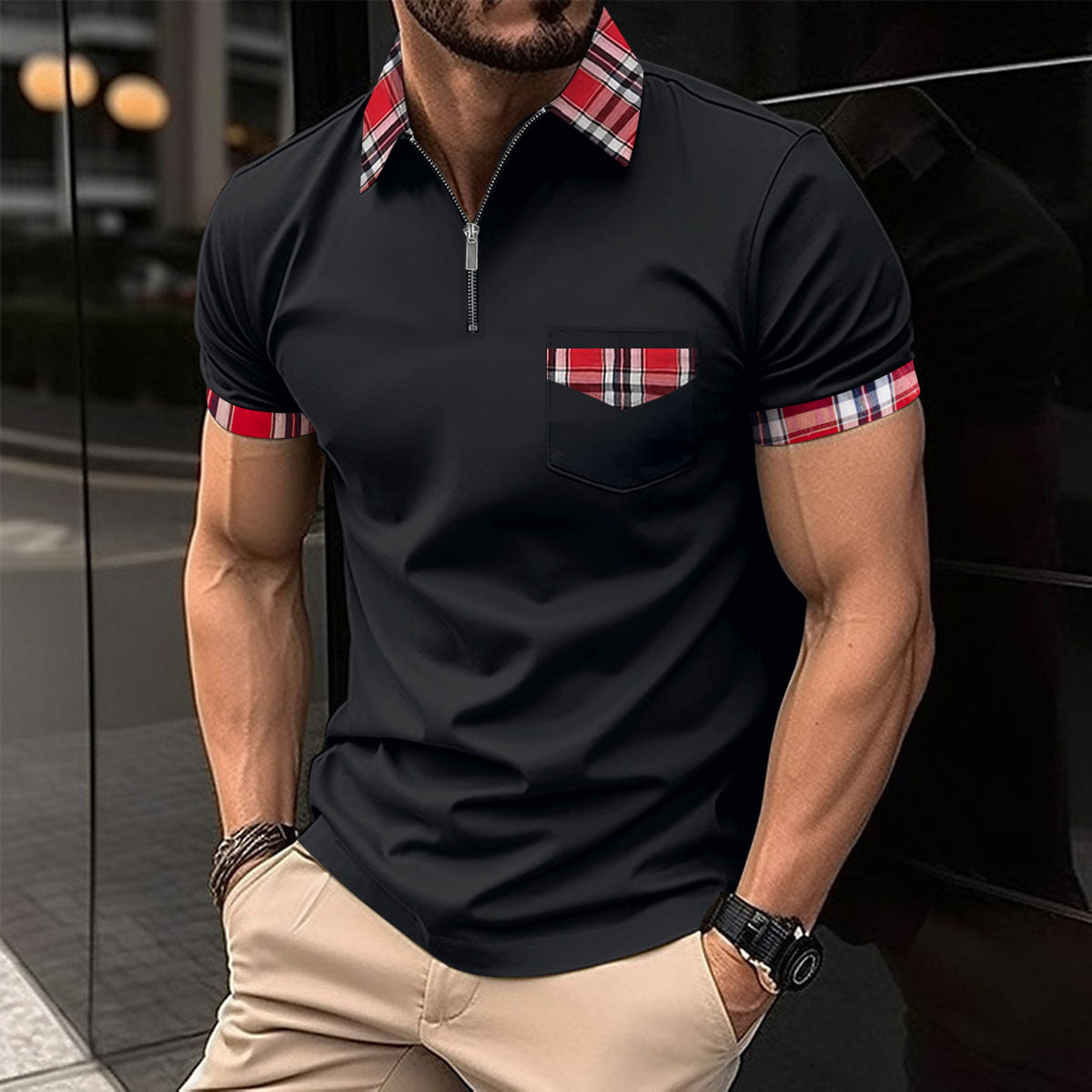 Herren Polo Hemd Kurzarm Karo Kragen Modern